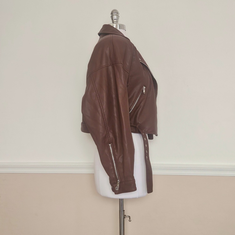Lamarque Women's Mahogany Brown Dani Moto Jacket Large Cropped Belted Fall - Picture 4 of 14